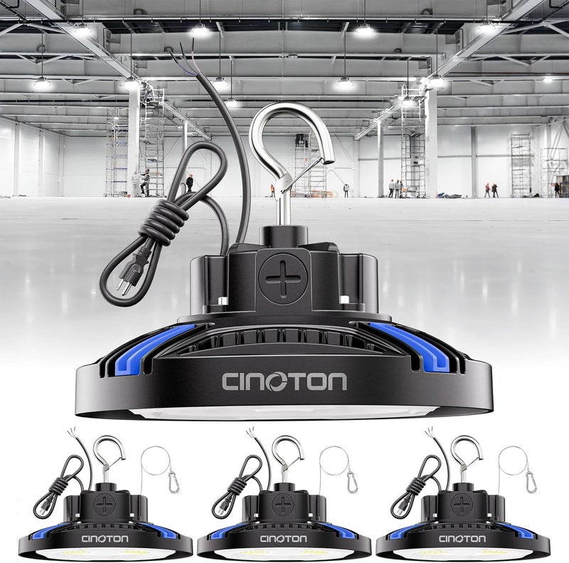 CINOTON UFO LED High Bay Light, 160W/120W/80W Switchable, AC100-277V LED Shop Lights with US Plug, 24000LM Dimmable 0-10V Commercial Bay Lighting for Garage Workshop 5000K Daylight-UL Listed, 4 Pack - Image 1